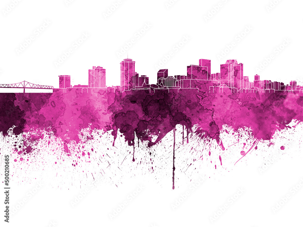 New Orleans skyline in pink watercolor on white background