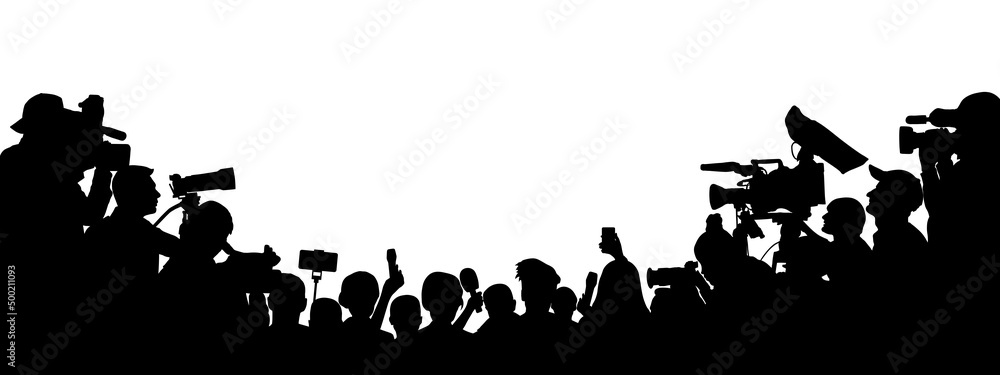 Journalists are interviewing, silhouette. Press conference of reporters. Crowd of people with video cameras and microphones. Vector illustration - obrazy, fototapety, plakaty 