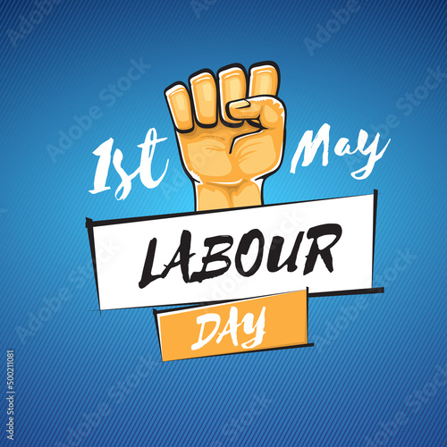 Happy labour day vector label with strong orange fist isolated on blue background. vector happy labor day background with man hand. red workers may day poster