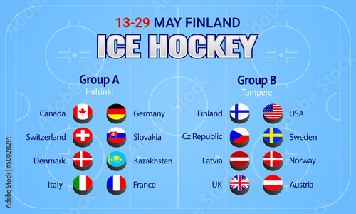 Ice Hockey 2022. Vector illustration. Countries flags icons. Men's ice Hockey group round table. Graphic scoreboard for international tournament. Winter sports competition. Rivne, Ukraine April, 2022