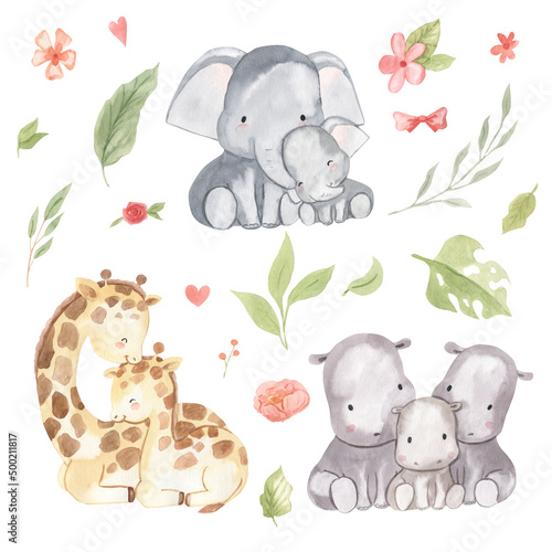 Photography Watercolor mother and baby elephant, giraffe, hippo