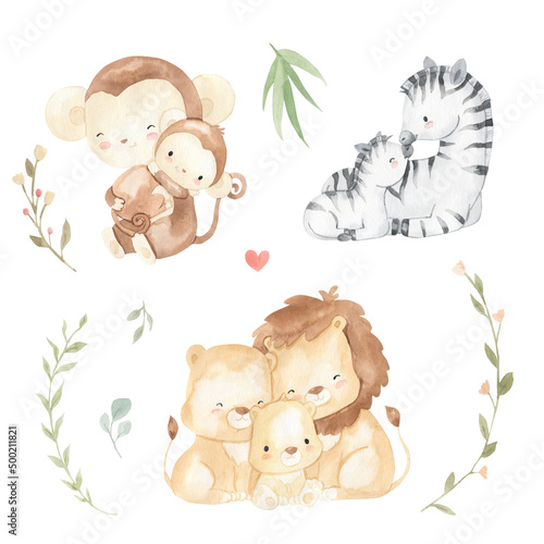 Canvas Print Watercolor mother and baby monkey, zebra, lion