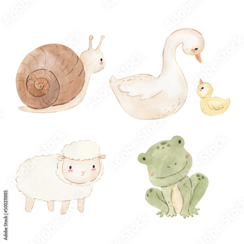 Watercolor snail, goose, sheep, frog. Illustration for kids photo