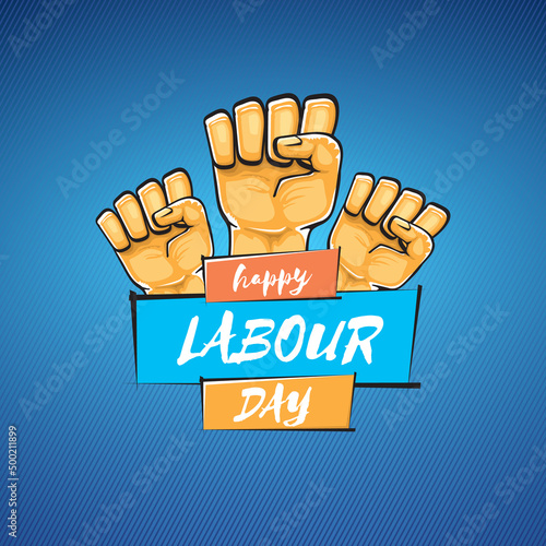Happy labour day vector label with strong orange fist isolated on blue background. vector happy labor day background with man hand. red workers may day poster