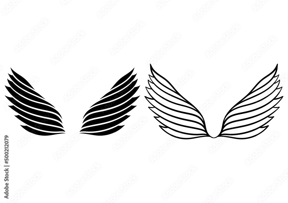hand drawn illustration of wings on black and white theme, on a white background