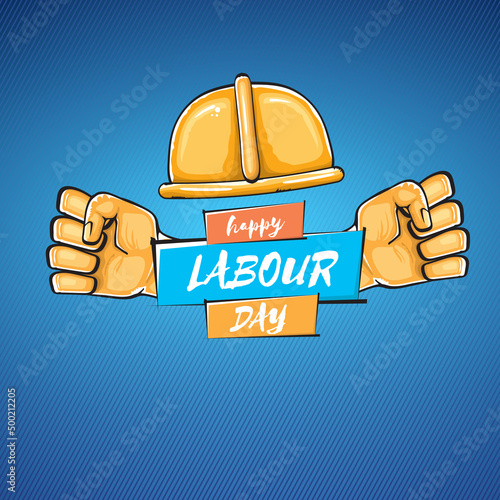 Happy labour day vector label with strong orange fist isolated on blue background. vector happy labor day background with man hand. red workers may day poster