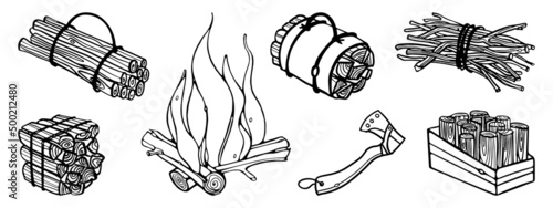 Tela Bundle of firewood Set outline doodle vector illustration
