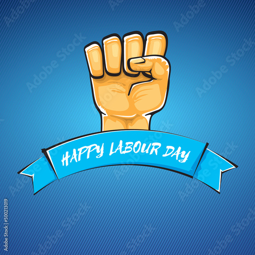 Happy labour day vector label with strong orange fist isolated on blue background. vector happy labor day background with man hand. red workers may day poster