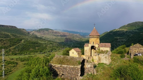  Aerial view church in Caucasus.  Aerial footage  Armenian church, antique building.  Hnevank is a 7th-12th century Apostolic Church monastery,  Lori province.  photo