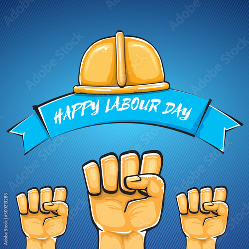 Happy labour day vector label with strong orange fist isolated on blue background. vector happy labor day background with man hand. red workers may day poster