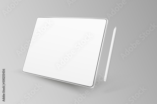 Empty tablet and pen on a light background. Device in perspective view. Tablet mockup from different angles. Illustration of device 3d screen