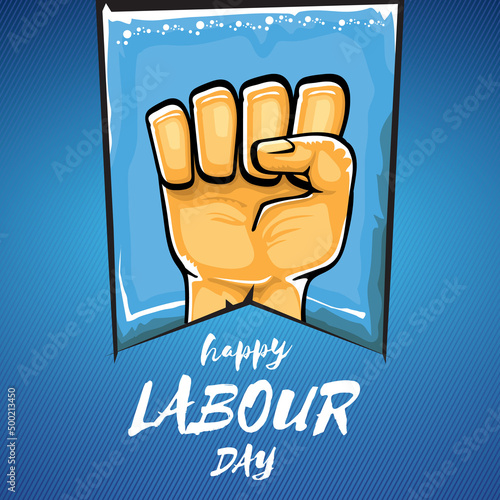 Happy labour day vector label with strong orange fist isolated on blue background. vector happy labor day background with man hand. red workers may day poster