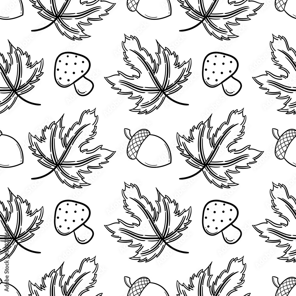 hand drawn seamless pattern of leaves, mushrooms and acorns on autumn theme, on white background