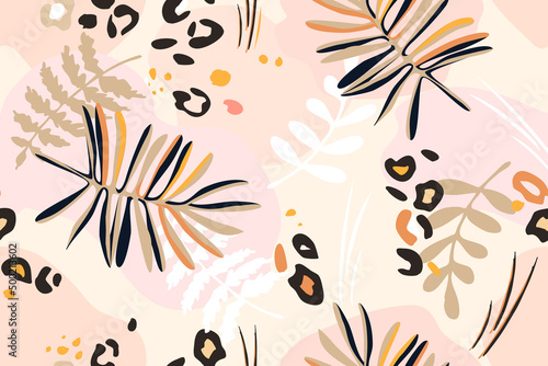 Botanical seamless pattern of abstract palm leaves and leopard skin patches. Summer tropical background from sketchy drawing of black contours and pastel colors. Printing on wallpaper, cover, textile