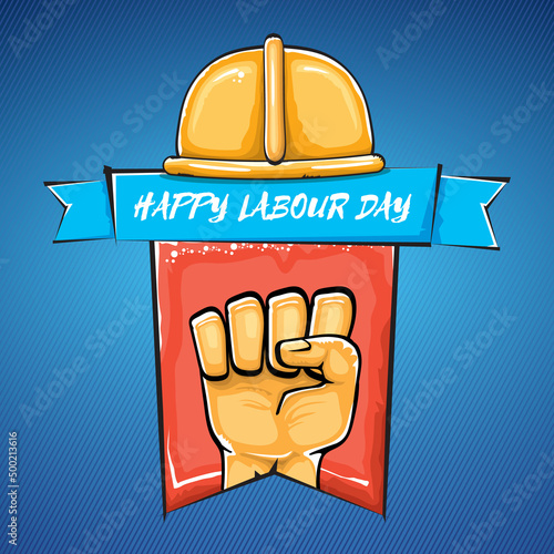 Happy labour day vector label with strong orange fist isolated on blue background. vector happy labor day background with man hand. red workers may day poster