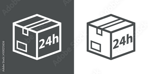 Logo envio urgente. Icono plano caja de cartón 3d en perspectiva con texto 24h con lineas en fondo gris y fondo blanco