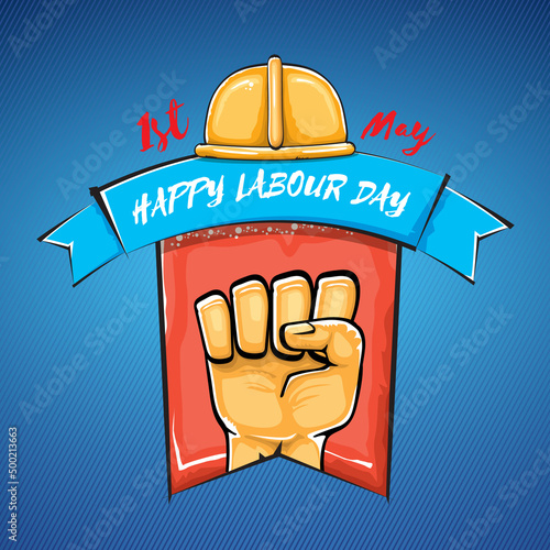 Happy labour day vector label with strong orange fist isolated on blue background. vector happy labor day background with man hand. red workers may day poster