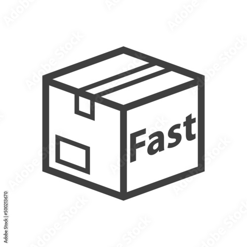 Logo envio urgente. Icono plano caja de cartón 3d en perspectiva con texto Fast con lineas en color gris