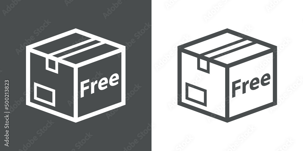 Obraz premium Logo envio gratis. Icono plano caja de cartón 3d en perspectiva con texto Free con lineas en fondo gris y fondo blanco