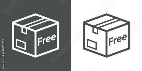 Logo envio gratis. Icono plano caja de cartón 3d en perspectiva con texto Free con lineas en fondo gris y fondo blanco