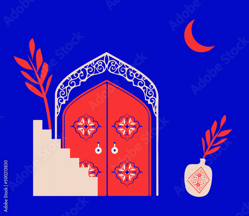 Creative minimalist abstracts. House or mosque facade with water fountain, hallway and portal with arch, indoor plants. Vector illustration.