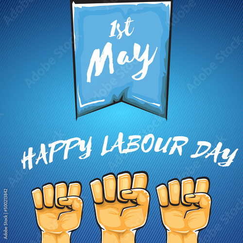 Happy labour day vector label with strong orange fist isolated on blue background. vector happy labor day background with man hand. red workers may day poster