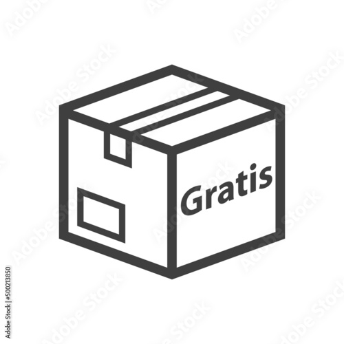 Logo envio gratis. Icono plano caja de cartón 3d en perspectiva con texto Gratis en español con lineas en fondo gris
