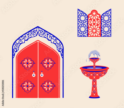 Creative minimalist abstracts. House or mosque facade with water fountain, hallway and portal with arch, indoor plants. Vector illustration.
