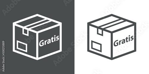 Logo envio gratis. Icono plano caja de cartón 3d en perspectiva con texto Gratis en español con lineas en fondo gris y fondo blanco