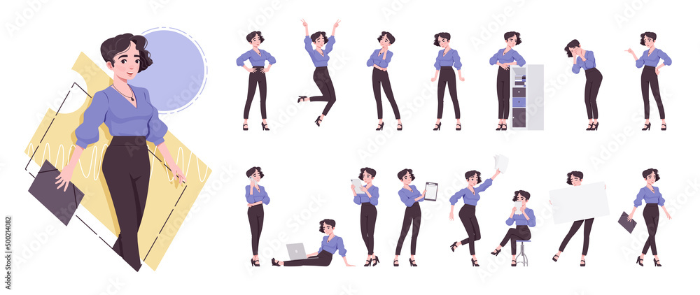 Young brunette businesswoman, manager character set, corporate business bundle, different poses, emotions, various office situations. Vector flat style cartoon character isolated on white background