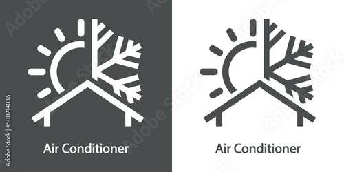 Reparación y servicio de aire acondicionado. Logo lineal con texto Air Conditioner con copo de nieve y sol en casa en fondo gris y fondo blanco