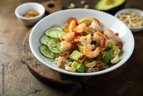 Homemade poke bowl with shrimps