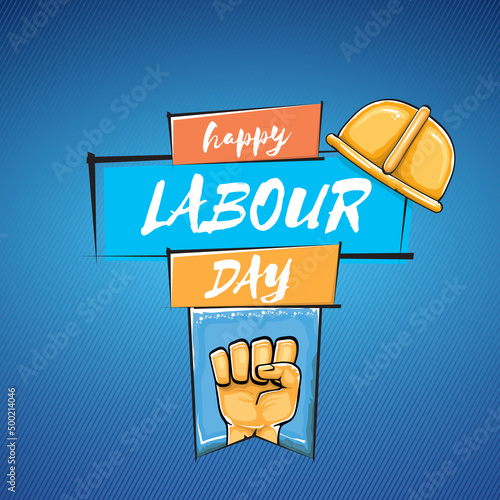 Happy labour day vector label with strong orange fist isolated on blue background. vector happy labor day background with man hand. red workers may day poster
