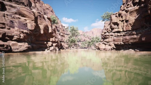 Flying through the iron ore rock formation Australian National Park valley
