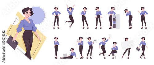 Young brunette businesswoman, manager character set, corporate business bundle, different poses, emotions, various office situations. Vector flat style cartoon character isolated on white background © andrew_rybalko