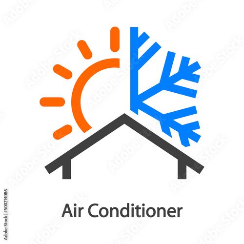 Reparación y servicio de aire acondicionado. Logo lineal con texto Air Conditioner con copo de nieve y sol en casa en varios colores
