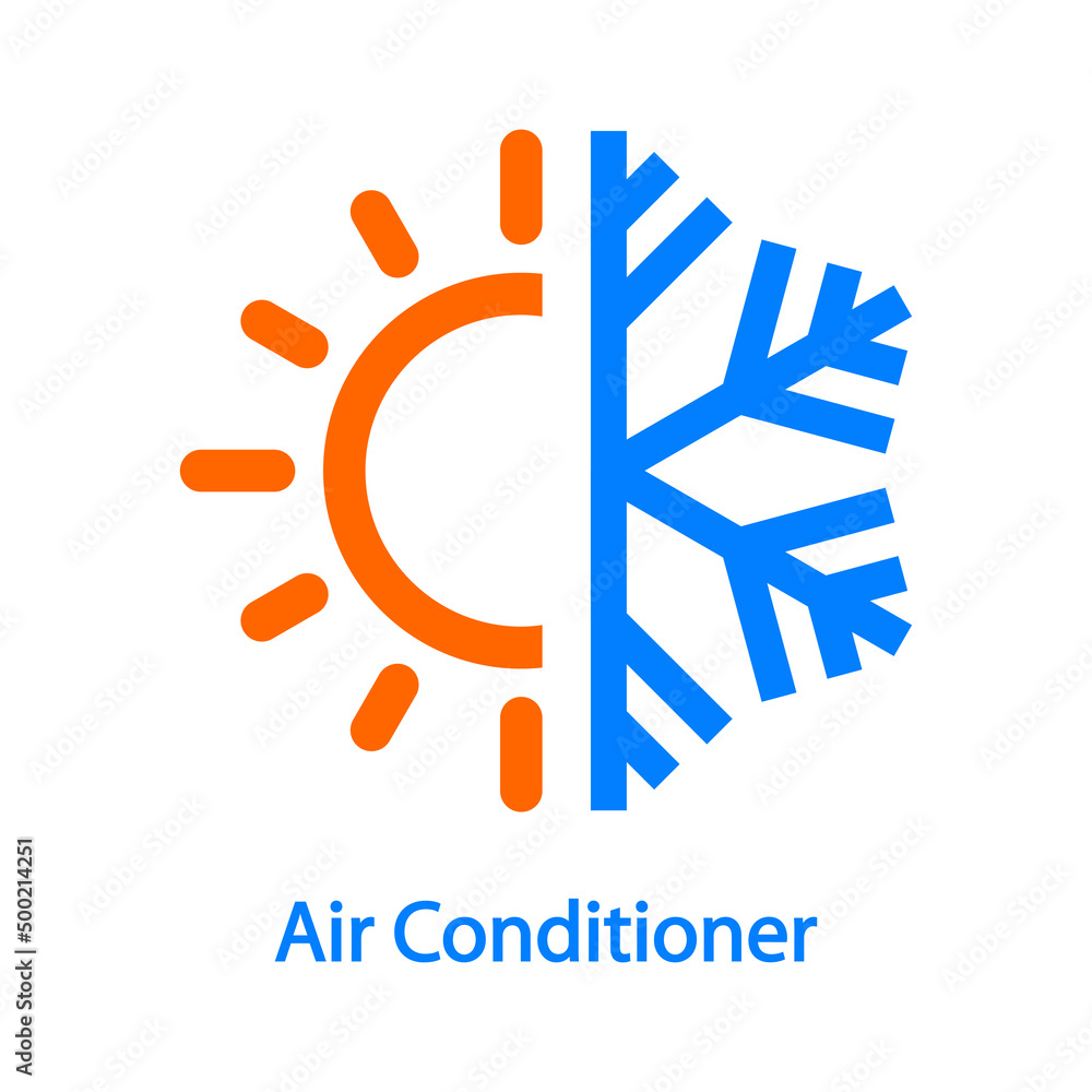 Reparación y servicio de aire acondicionado. Logo lineal con texto Air Conditioner con copo de nieve y sol en color azul y naranja Reparación y servicio de aire acondicionado. Logo lineal con texto Air Conditioner con copo de nieve y sol en color azul y naranja