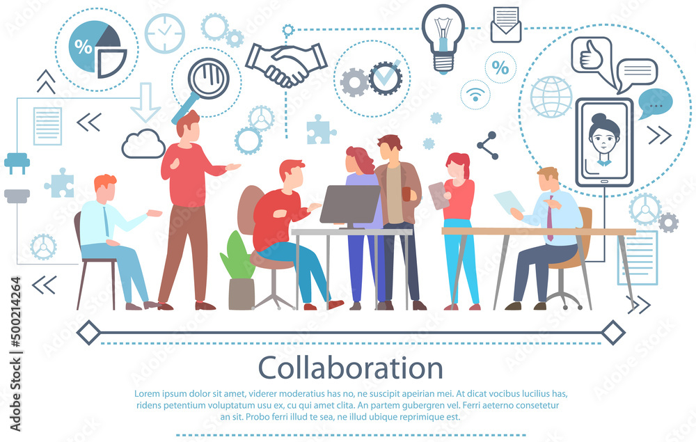 Collaboration, business development of team concept. Symbol of teamwork, company cooperation, partnership. People brainstorming at meeting working on computers and different icons of business theme Collaboration, business development of team concept. Symbol of teamwork, company cooperation, partnership. People brainstorming at meeting working on computers and different icons of business theme