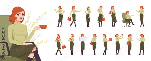Young red haired businesswoman, manager character set, corporate business bundle, different poses, emotions, various office situations. Vector flat style cartoon character isolated on white background
