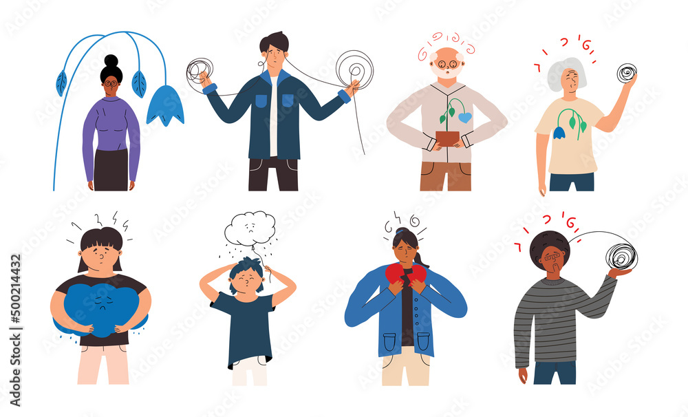 A set of people of different ages suffering from mental disorders. Vector illustration in flat style A set of people of different ages suffering from mental disorders. Vector illustration in flat style