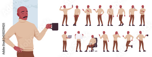 Businessman, spanish man bald manager character set, corporate business bundle, different poses, emotions, various office situations. Vector flat style cartoon character isolated on white background