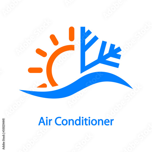 Reparación y servicio de aire acondicionado. Logo lineal con texto Air Conditioner con copo de nieve y sol con ola en color azul y naranja