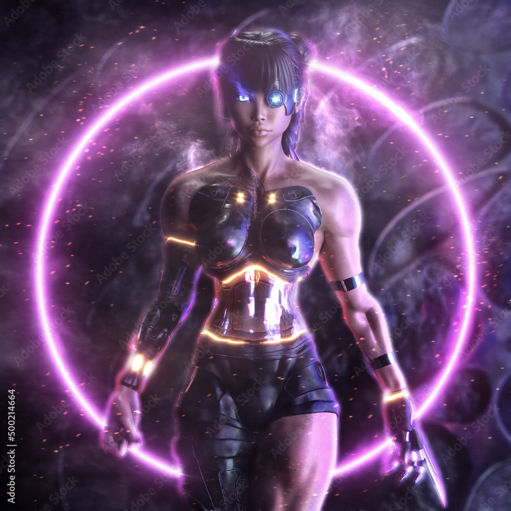 beautiful female warrior cyborg with stylized soft focus background beautiful female warrior cyborg with stylized soft focus background