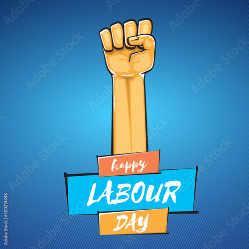 Happy labour day vector label with strong orange fist isolated on blue background. vector happy labor day background with man hand. red workers may day poster