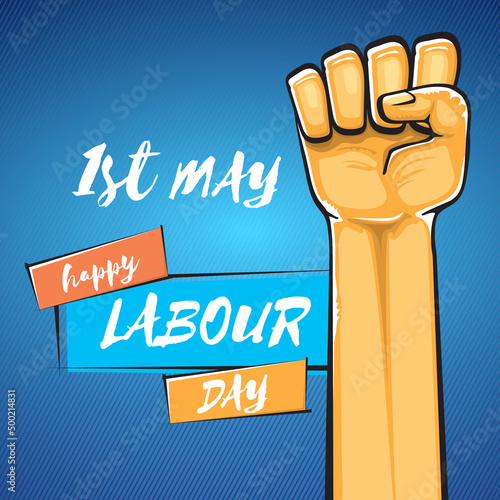 Happy labour day vector label with strong orange fist isolated on blue background. vector happy labor day background with man hand. red workers may day poster
