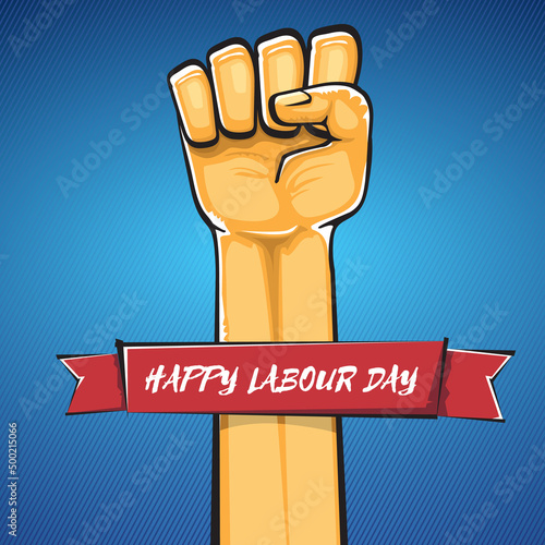Happy labour day vector label with strong orange fist isolated on blue background. vector happy labor day background with man hand. red workers may day poster