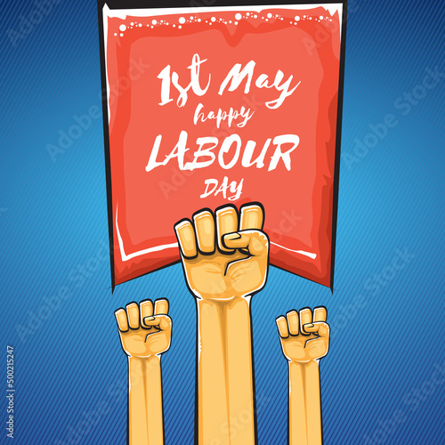 Happy labour day vector label with strong orange fist isolated on blue background. vector happy labor day background with man hand. red workers may day poster