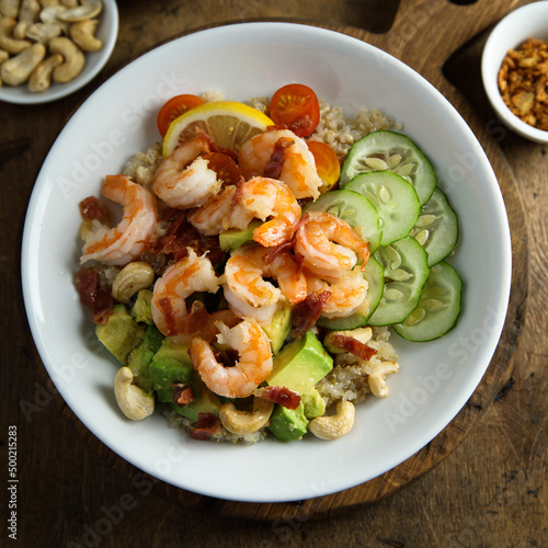 Homemade poke bowl with shrimps