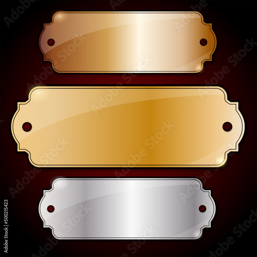 vintage plaques made of three different metals on a burgundy background. vector illustration