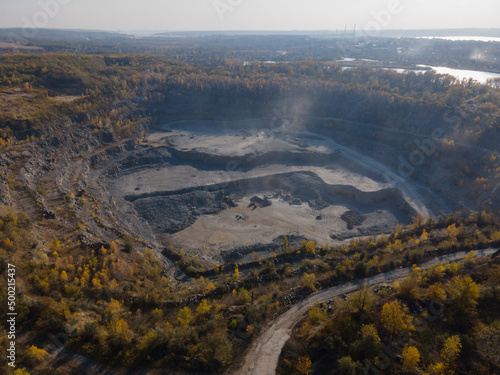 Rybalsky granite quarry. The city of Dnipro, Ukraine. Photo from the air. Open working quarry. photo